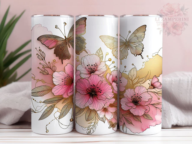 Pink Flowers And Butterflies 20 oz Tumbler, Flower Tumbler Wrap, Instant Digital Download PNG, Straight & Tapered Tumbler Wrap PNG Sublimation Li Zamperini 