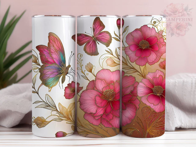 Pink Flowers And Butterflies 20 oz Tumbler, Flower Tumbler Wrap, Instant Digital Download PNG, Straight & Tapered Tumbler Wrap PNG Sublimation Li Zamperini 