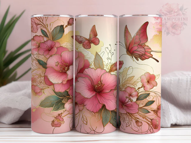 Pink Flowers And Butterflies 20 oz Tumbler, Flower Tumbler Wrap, Instant Digital Download PNG, Straight & Tapered Tumbler Wrap PNG Sublimation Li Zamperini 
