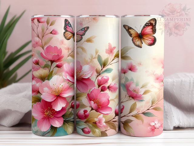 Pink Flowers And Butterflies 20 oz Tumbler, Flower Tumbler Wrap, Instant Digital Download PNG, Straight & Tapered Tumbler Wrap PNG Sublimation Li Zamperini 