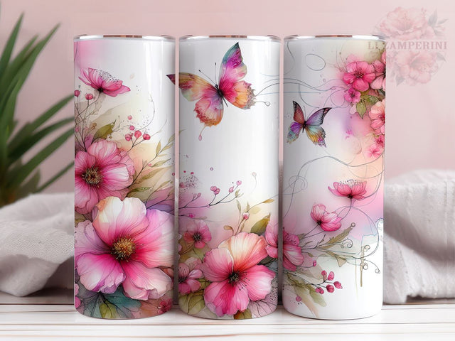 Pink Flowers And Butterflies 20 oz Tumbler, Flower Tumbler Wrap, Instant Digital Download PNG, Straight & Tapered Tumbler Wrap PNG Sublimation Li Zamperini 