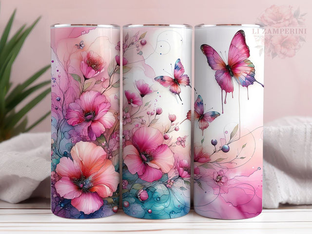 Pink Flowers And Butterflies 20 oz Tumbler, Flower Tumbler Wrap, Instant Digital Download PNG, Straight & Tapered Tumbler Wrap PNG Sublimation Li Zamperini 