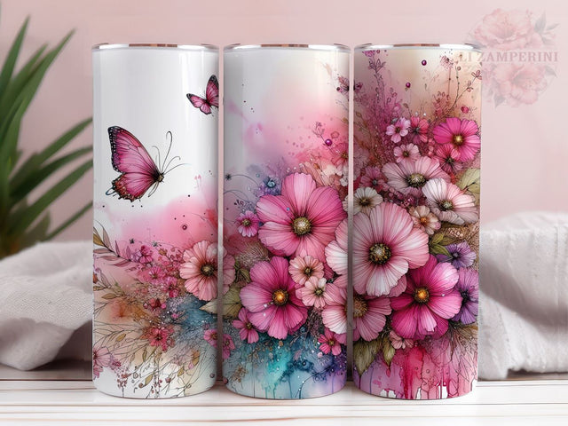Pink Flowers And Butterflies 20 oz Tumbler, Flower Tumbler Wrap, Instant Digital Download PNG, Straight & Tapered Tumbler Wrap PNG Sublimation Li Zamperini 