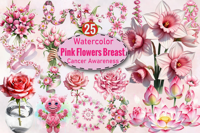 Pink Flowers Breast Cancer Awareness Clipart Bundle. Sublimation SVGArt 