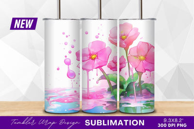 Pink flowers dripping watercolor tumbler png Sublimation Regulrcrative 