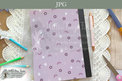 Pink Flowers, Hearts & Rainbows Notebook Cover Printable – Cute Composition Book Design – 6.9" x 10" JPG for 7.5" x 9.75" Notebooks – 300 DPI Sublimation Willow Paige Farms 