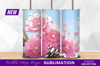 Pink flowers illustration with blue sky backdrop Sublimation Regulrcrative 