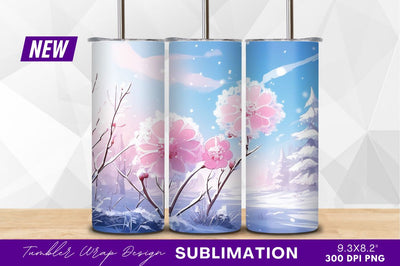 Pink flowers in winter snowy landscape tumbler png Sublimation Regulrcrative 