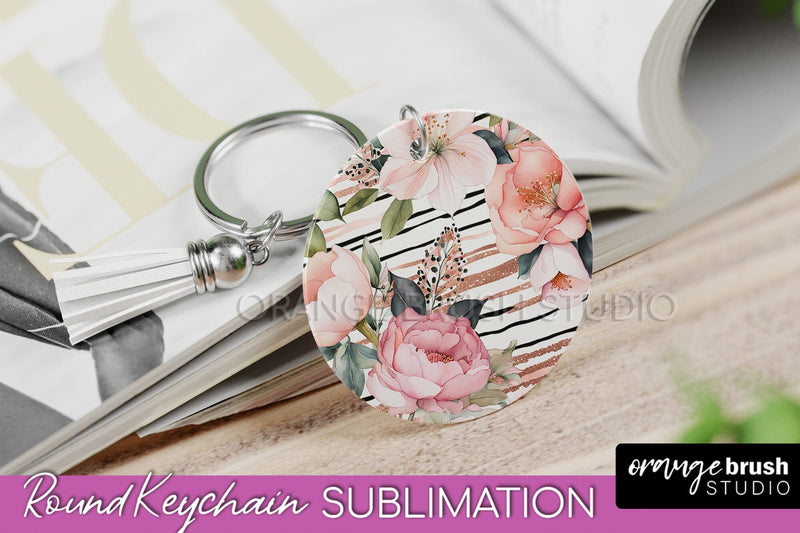 Pink Flowers Keychain, Floral Keychain Sublimation Design Sublimation OrangeBrushStudio 