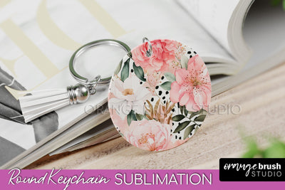 Pink Flowers Keychain, Floral Keychain Sublimation Design Sublimation OrangeBrushStudio 