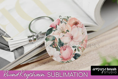 Pink Flowers Keychain, Floral Keychain Sublimation Design Sublimation OrangeBrushStudio 