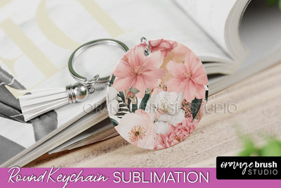 Pink Flowers Keychain, Floral Keychain Sublimation Design Sublimation OrangeBrushStudio 
