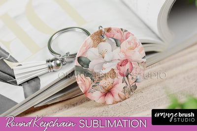 Pink Flowers Keychain, Floral Keychain Sublimation Design Sublimation OrangeBrushStudio 
