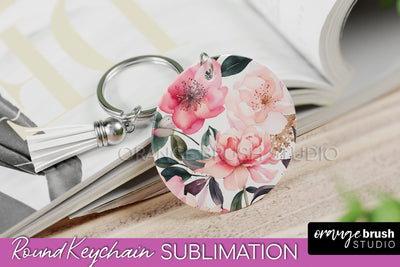 Pink Flowers Keychain, Floral Keychain Sublimation Design Sublimation OrangeBrushStudio 