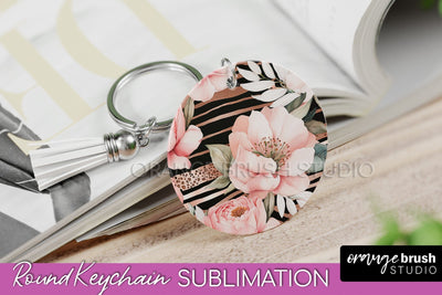 Pink Flowers Keychain, Floral Keychain Sublimation Design Sublimation OrangeBrushStudio 