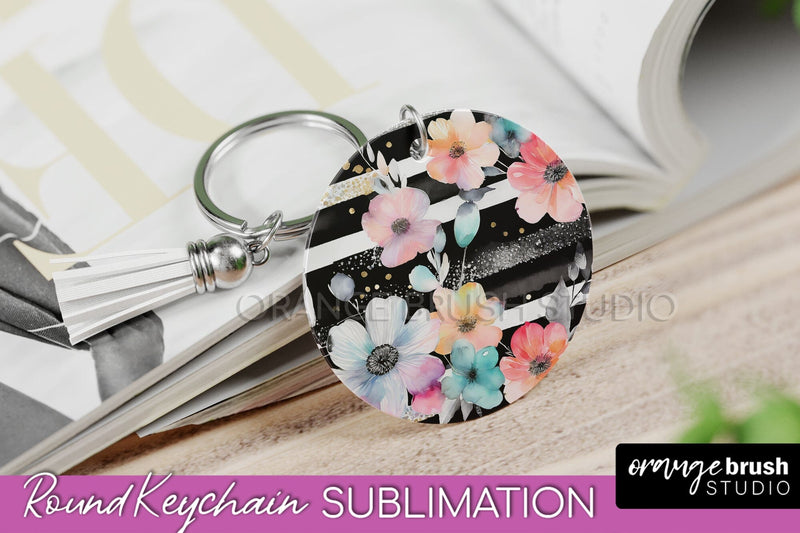 Pink Flowers Keychain, Floral Keychain Sublimation Design Sublimation OrangeBrushStudio 