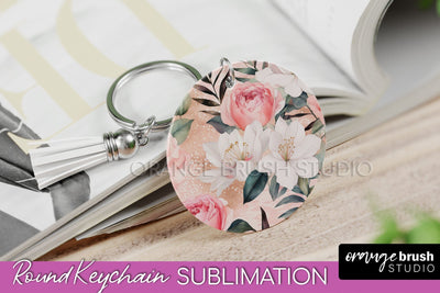 Pink Flowers Keychain, Floral Keychain Sublimation Design Sublimation OrangeBrushStudio 