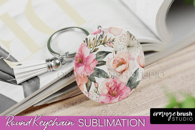 Pink Flowers Keychain, Floral Keychain Sublimation Design Sublimation OrangeBrushStudio 