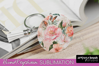 Pink Flowers Keychain, Floral Keychain Sublimation Design Sublimation OrangeBrushStudio 