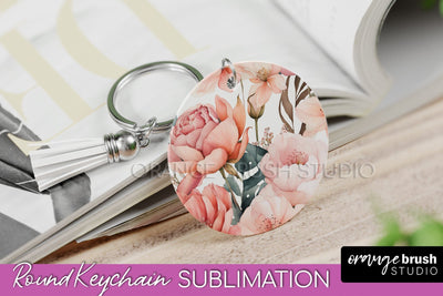 Pink Flowers Keychain, Floral Keychain Sublimation Design Sublimation OrangeBrushStudio 