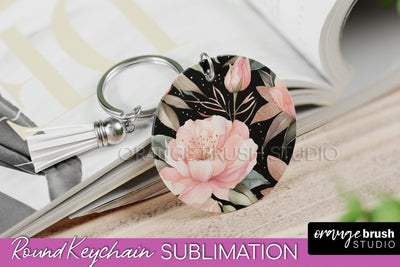 Pink Flowers Keychain, Floral Keychain Sublimation Design Sublimation OrangeBrushStudio 