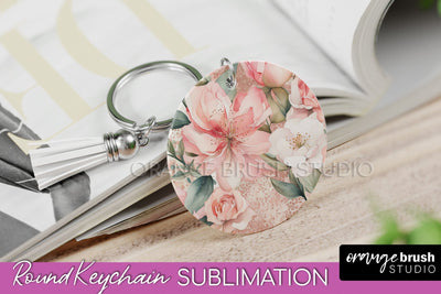 Pink Flowers Keychain, Floral Keychain Sublimation Design Sublimation OrangeBrushStudio 
