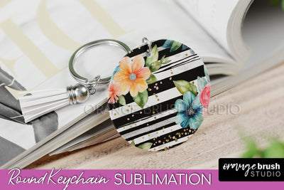 Pink Flowers Keychain, Floral Keychain Sublimation Design Sublimation OrangeBrushStudio 