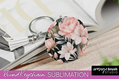 Pink Flowers Keychain, Floral Keychain Sublimation Design Sublimation OrangeBrushStudio 