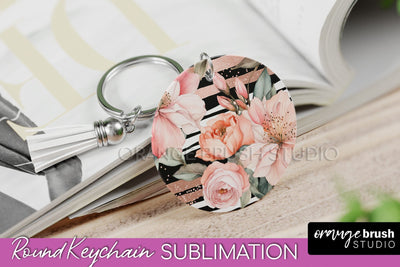 Pink Flowers Keychain, Floral Keychain Sublimation Design Sublimation OrangeBrushStudio 