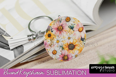 Pink Flowers Keychain, Floral Keychain Sublimation Design Sublimation OrangeBrushStudio 