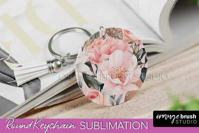 Pink Flowers Keychain, Floral Keychain Sublimation Design Sublimation OrangeBrushStudio 