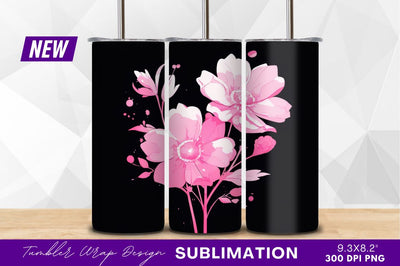 Pink flowers on black background tumbler png Sublimation Regulrcrative 