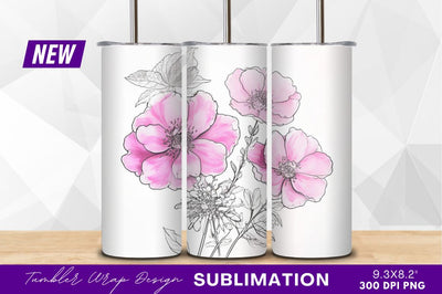 Pink flowers sketch tumbler png illustration Sublimation Regulrcrative 