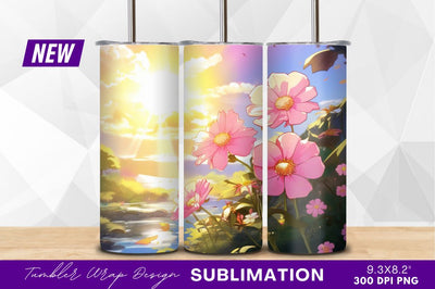 Pink flowers sunlit river tumbler png Sublimation Regulrcrative 