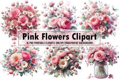 Pink Flowers Watercolor Clipart Bundle Sublimation designartist 