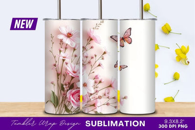 Pink Flowers With Butterflies Tumbler Png Sublimation Regulrcrative 