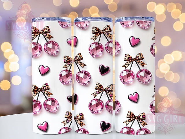 Pink Gem Cherry Bow 20oz Tumbler, Pink Gem Design, Cherry Pattern, Bow Motif, Glam Style, Sublimation Wrap, 20oz Tumbler, Cute Aesthetic Sublimation SvggirlplusArt 