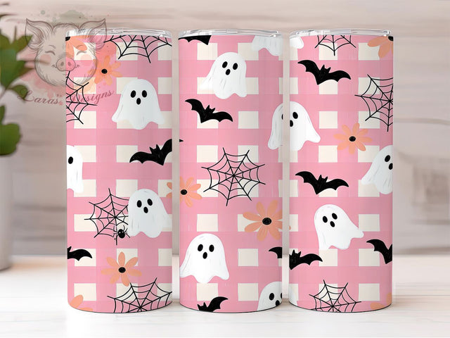 Pink Ghost Gingham 20oz Tumbler, Pastel Haunt, Checkered Spirit, Kawaii Spooky, Soft Plaid, Whimsical Night, Girly Goth, Sublimation Wrap Sublimation Lara' s Designs 