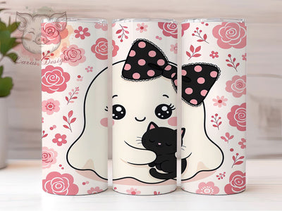 Pink Ghost & Kitten Charm 20oz Tumbler, Ghost Motif, Kitten Theme, Pink Accent, Charm Art Design, Whimsical Style, Sublimation Wrap, 20oz Tumbler Sublimation Lara' s Designs 