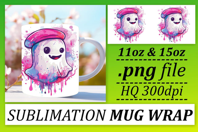 Pink Ghost Mug Wrap Sublimation Design for Halloween 11oz 15oz Sublimation afrosvg 