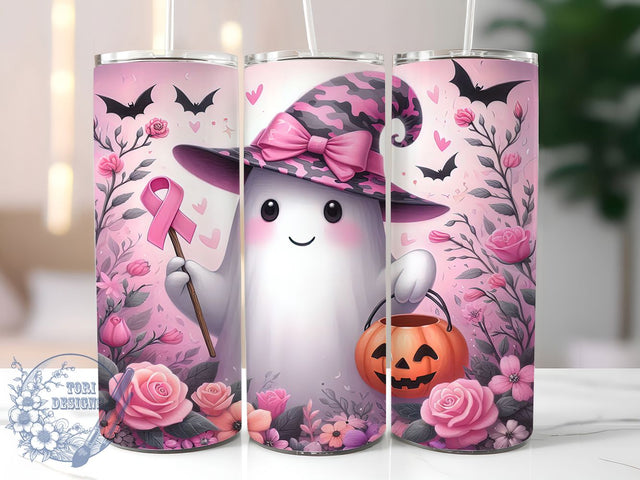 Pink Ghost Ribbon Halloween 20oz Tumbler, Pink Ribbon, Pink Ghost, Halloween Tumbler, Survivor Support, Sublimation Wrap, 20Oz Tumbler Sublimation ToriDesigns 