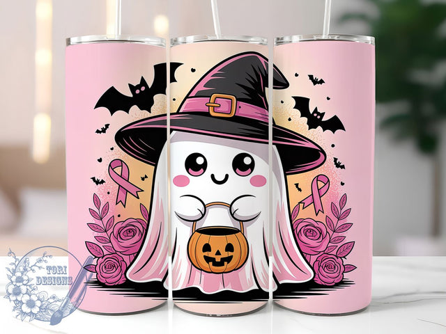 Pink Ghost Ribbon Halloween 20oz Tumbler, Pink Ribbon, Pink Ghost, Halloween Tumbler, Survivor Support, Sublimation Wrap, 20Oz Tumbler Sublimation ToriDesigns 