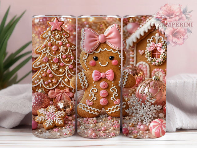 Pink Gingerbread Christmas 20oz Tumbler, Pink Accent, Gingerbread Motif, Christmas Theme, Holiday Charm, Festive Design, Sublimation Wrap, 20oz Tumbler Sublimation Li Zamperini 