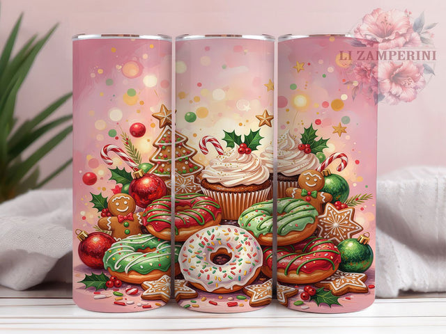 Pink Gingerbread Christmas Treat Tumbler, Cute Gingerbread Man Wrap, 20Oz Skinny Tumbler, Holiday Donuts Sublimation, Sweet Christmas Treat Tumbler, Whimsical Holiday Wrap, Festive Pink Dessert Design Sublimation Li Zamperini 