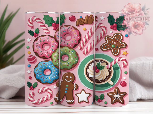 Pink Gingerbread Christmas Treat Tumbler, Cute Gingerbread Man Wrap, 20Oz Skinny Tumbler, Holiday Donuts Sublimation, Sweet Christmas Treat Tumbler, Whimsical Holiday Wrap, Festive Pink Dessert Design Sublimation Li Zamperini 