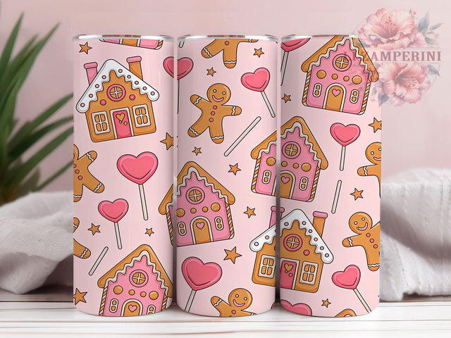 Pink Gingerbread Christmas Tumbler, Christmas Cookie Sublimation Design, Festive Holiday Cup Art, 20oz Xmas Tumbler, Whimsical Gingerbread Mug, Stylish Pink Christmas Cup, Cozy Cookie Wrap Sublimation Li Zamperini 