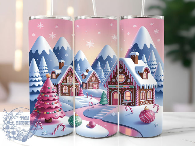 Pink Gingerbread Christmas Village Tumbler, Christmas Holiday Wrap, 20oz Tumbler Sublimation, Festive Gingerbread Design, Cute Pink Holiday Sublimation, Sweet Christmas Tumbler, Cozy Winter Wrap Sublimation ToriDesigns 
