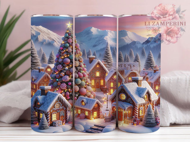Pink Gingerbread Christmas Village Tumbler, Christmas Village Wrap, Holiday Mug Design, Sublimation Wrap, Festive Drinkware, Cute Winter Gift, Candy House Cup Sublimation Li Zamperini 