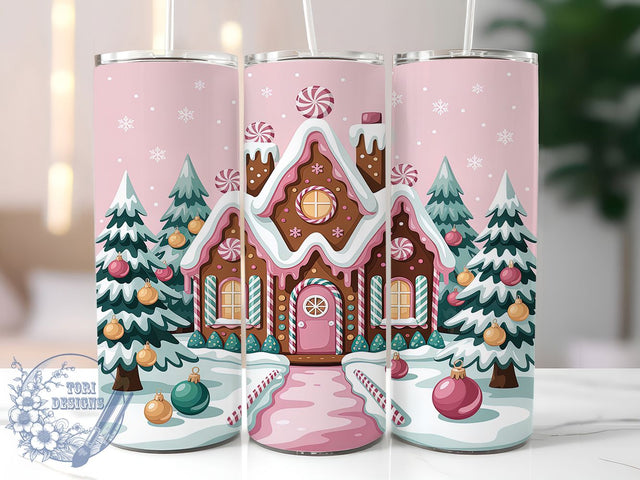 Pink Gingerbread House Christmas Tumbler, Christmas Holiday Wrap, 20oz Tumbler Sublimation, Festive Gingerbread Design, Cute Pink Holiday Sublimation, Sweet Christmas Tumbler, Cozy Winter Wrap Sublimation ToriDesigns 