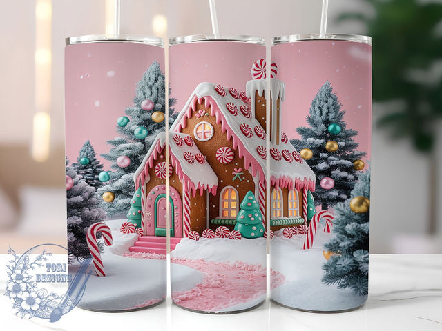 Pink Gingerbread House Christmas Tumbler, Christmas Holiday Wrap, 20oz Tumbler Sublimation, Festive Gingerbread Design, Cute Pink Holiday Sublimation, Sweet Christmas Tumbler, Cozy Winter Wrap Sublimation ToriDesigns 